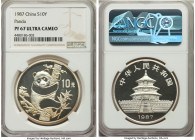 People's Republic silver Proof Panda 10 Yuan 1987 PR67 Ultra Cameo NGC, KM167, PAN-58A. Fully struck-up and embellished with a light golden aura obscu...