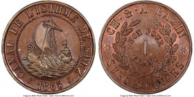 Abdul Aziz copper Proof "Suez Canal" Franc Token 1865 PR63 Brown NGC, KM-Tn3. 24-sided with slightly beveled edges. Issued by Ch & A. Bazin, Entirely ...