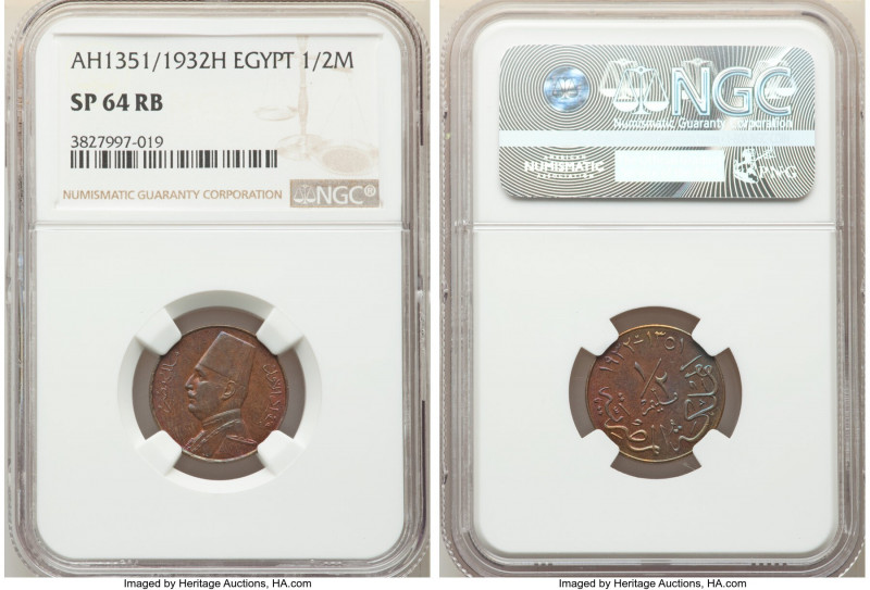 Fuad I Specimen 1/2 Millieme AH 1351 (1932)-H SP64 Red and Brown NGC, Heaton min...