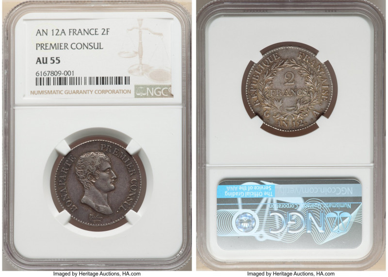 Napoleon 2 Francs L'An 12 (1803/1804)-A AU55 NGC, Paris mint, KM657.1. Premier C...