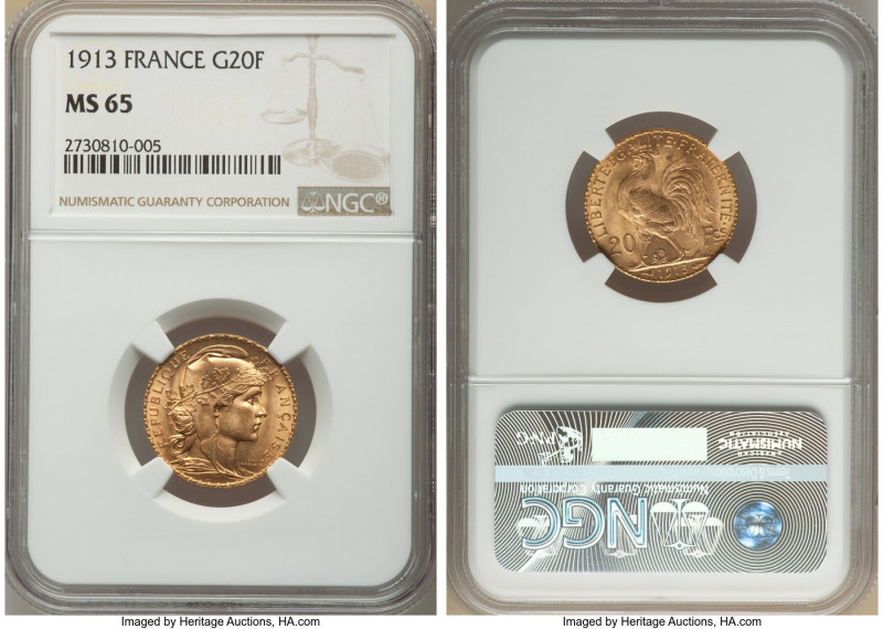 Republic gold 20 Francs 1913 MS65 NGC, KM857. AGW 0.1867 oz. A radiant jewel dec...