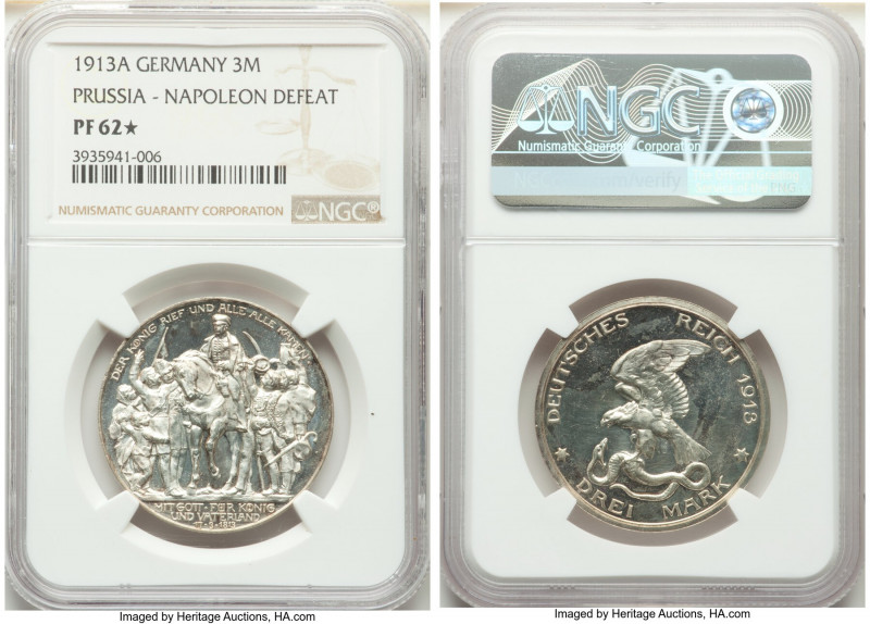 Prussia. Wilhelm II Proof "Napoleon's Defeat" 3 Mark 1913-A PR62 S NGC, Berlin m...