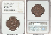 British Colony copper "Richard Cattons" 2 Quartos Token 1813 MS63 Brown NGC, KM-Tn6. PAYABLE AT RICHARD CATTONS GOLDSMITH Lion seated left right front...