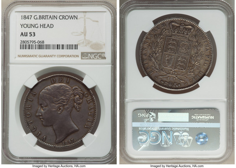 Victoria Crown 1847 AU53 NGC, KM741, S-3882. Young head crown. Last year of type...