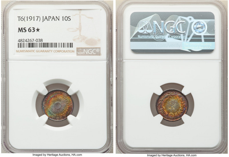 Taisho 10 Sen Year 6 (1917) MS63 S NGC, Osaka mint, KM-Y36.2. A visual cornucopi...