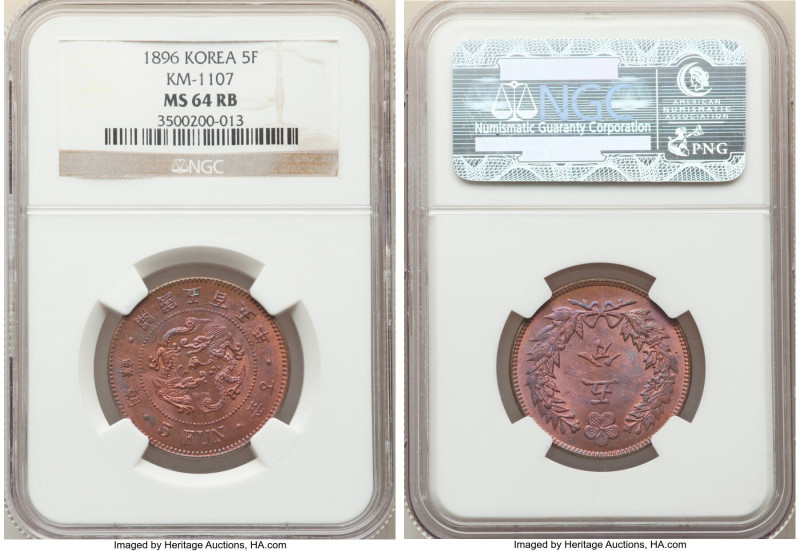 Yi Hyong 5 Fun Year 505 (1896) MS64 Red and Brown NGC, Incheon mint, KM1107. Vio...