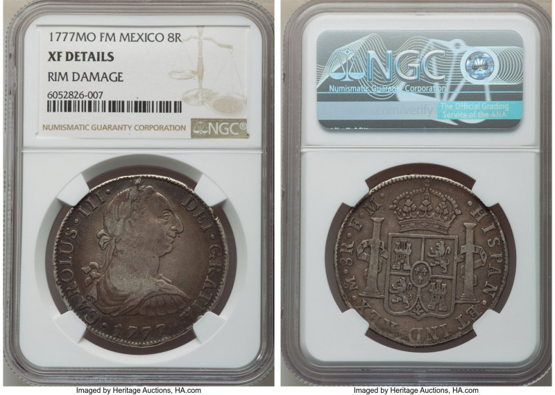 Charles III 8 Reales 1777 Mo-FM XF Details (Rim Damage) NGC, Mexico City mint, K...