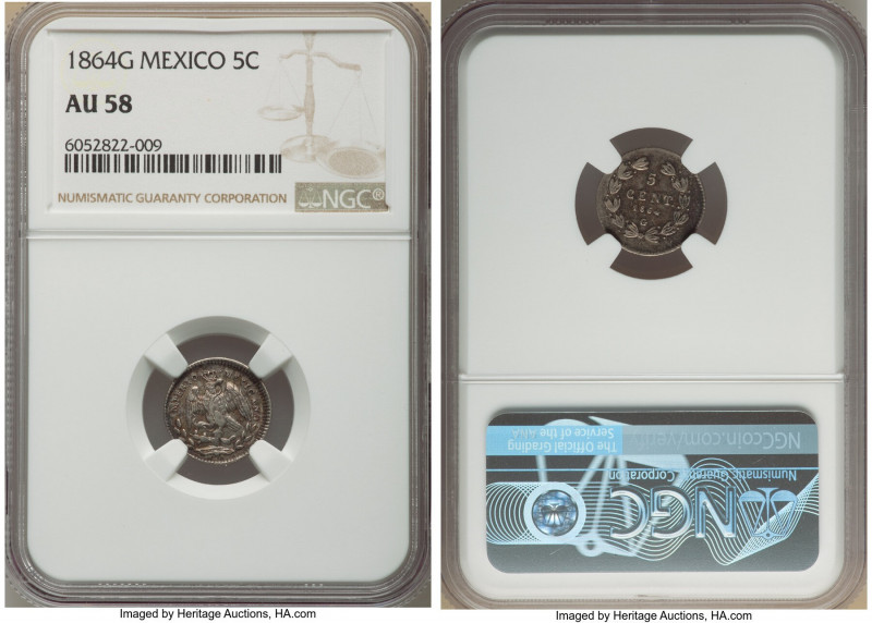 Maximilian 5 Centavos 1864-G AU58 NGC, Guanajuato mint, KM385. 

HID0980124201...