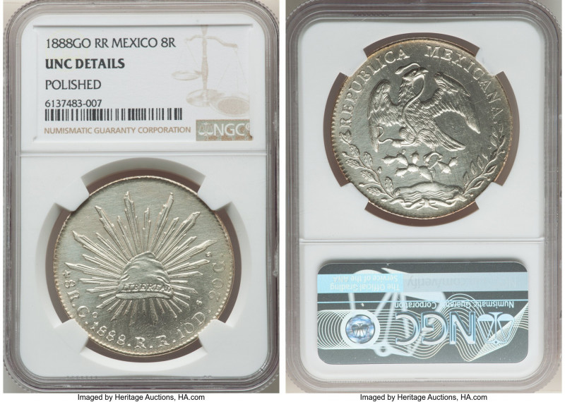 Republic 8 Reales 1888 Go-RR UNC Details (Polished) NGC, Guanajuato mint, KM377....