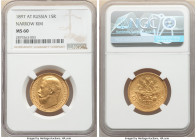 Nicholas II gold "Narrow Rim" 15 Roubles 1897-AΓ MS60 NGC, St. Petersburg mint, KM-Y65.2, Bit-2. Narrow rim variety with last three letters of the obv...