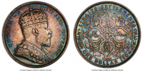 British Colony. Edward VII Dollar 1904-B AU Details (Cleaned) PCGS, Bombay mint, KM25, Prid-4. Showing a deep cobalt tone with peach hues. 

HID0980...