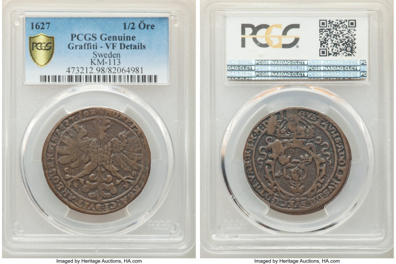 Gustav II Adolf 1/2 Öre 1627 VF Details (Graffiti) PCGS, Arborga mint, KM113. Sc...