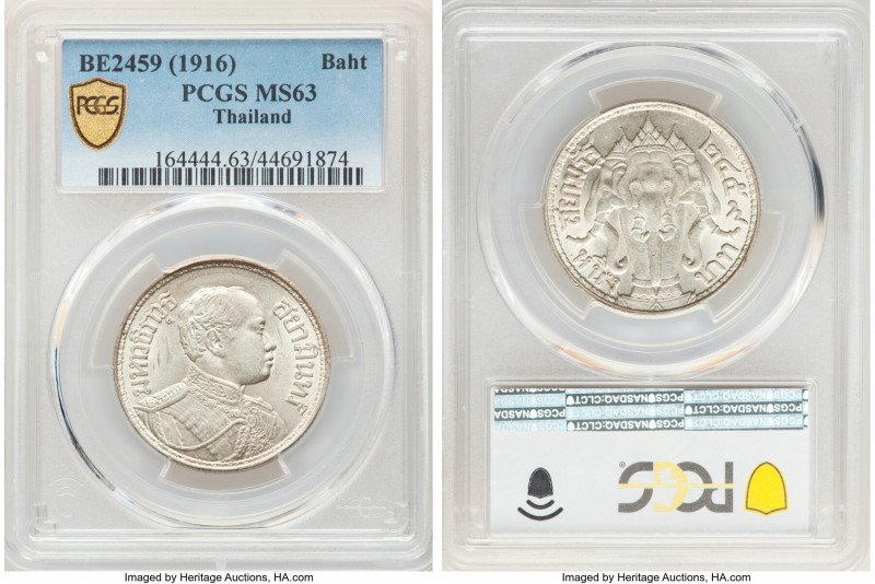 Rama VI Baht BE 2459 (1916) MS63 PCGS, KM-Y45. Opaque yellow gray toning with mu...