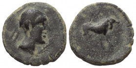 Spanien. Kastilo.

 Bronze. 2. Jhdt. v. Chr.
Vs: Kopf mit Diadem rechts.
Rs: Stier nach rechts stehend, darüber Sichel.

19 mm. 3,48 g. 

ACIP...