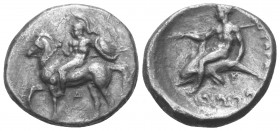 Kalabrien. Tarent.

 Didrachme oder Nomos (Silber). Ca. 355 - 340 v. Chr.
Vs: Nackter Jüngling mit Helm, Schild und Speer auf Pferd nach links reit...