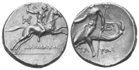 Kalabrien. Tarent.

 Didrachme oder Nomos (Silber). Ca. 240 - 228 v. Chr.
Vs: Nackter Jüngling zu Pferde mit erhobenem Arm und Fackel nach rechts g...