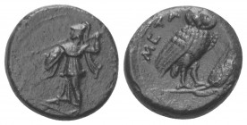 Lukanien. Metapont.

 Bronze. Ca. 250 - 207 v. Chr.
Vs: Athena Promachos mit Speer und Schild nach links stehend.
Rs: META. Eule auf Kornähre nach...