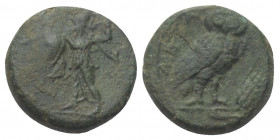 Lukanien. Metapont.

 Bronze. Ca. 250 - 207 v. Chr.
Vs: Athena Promachos mit Speer und Schild nach links stehend.
Rs: META. Eule auf Kornähre nach...