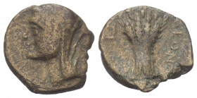 Sizilien. Leontinoi.

 Bronze. 2. Jhdt. v. Chr.
Vs: Kopf der Demeter mit Schleier links.
Rs: Bund aus Kornähren.

15 mm. 2,07 g. 

HGC 2, 721....