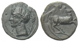 Sizilien. Sikulo-punische Prägungen.

 Bronze. Ca. 300 - 275 v. Chr.
Vs: Bartloser, männlicher Kopf zwischen Getreideähren links.
Rs: Pferd nach r...