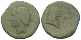 Sizilien. Sikulo-punische Prägungen.

 Bronze. Ca. 260 - 240 v. Chr.
Vs: Kopf der Tanit mit Ährenkranz links.
Rs: Pferdekopf rechts.

25 mm. 9,4...
