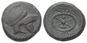 Thrakien. Mesembria.

 Bronze. Ca. 175 - 100 v. Chr.
Vs: Attischer Helm rechts.
Rs: Vierspeichiges Rad.

19 mm. 6,23 g. 

HGC 3, 1571; Karayot...