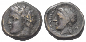 Thessalien. Gyrton.

 Bronze. Ca. 340 - 330 v. Chr.
Vs: Kopf des Heros Gyrton mit Lorbeerkranz links.
Rs: Kopf der Gyrtona mit Diadem links.

20...