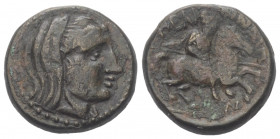 Thessalien. Pelinna.

 Bronze. Ca. 355 - 340 v. Chr.
Vs: Verschleierter Kopf der Manto rechts.
Rs: Reiter zu Pferd nach rechts galoppierend, darun...