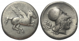 Epiros. Ambrakia.

 Stater (Silber). Ca. 404 - 360 v. Chr.
Vs: Pegasos nach links fliegend.
Rs: Kopf der Athena mit korinthischem Helm rechts, Gor...