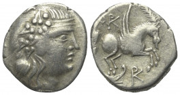 Inseln vor Epiros. Korkyra.

 Didrachme (Silber). Ca. 229 - 48 v. Chr.
Vs: Kopf des Dionysos mit Efeukranz rechts.
Rs: Pegasos mit Palmzweig nach ...