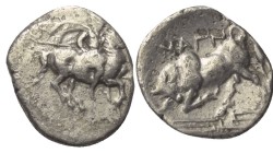 Ionien. Magnesia am Mäander.

Diobol (Silber). Ca. 350 - 325 v. Chr.
Vs: Reiter zu Pferde mit Speer nach rechts galoppierend.
Rs: Stier nach links...