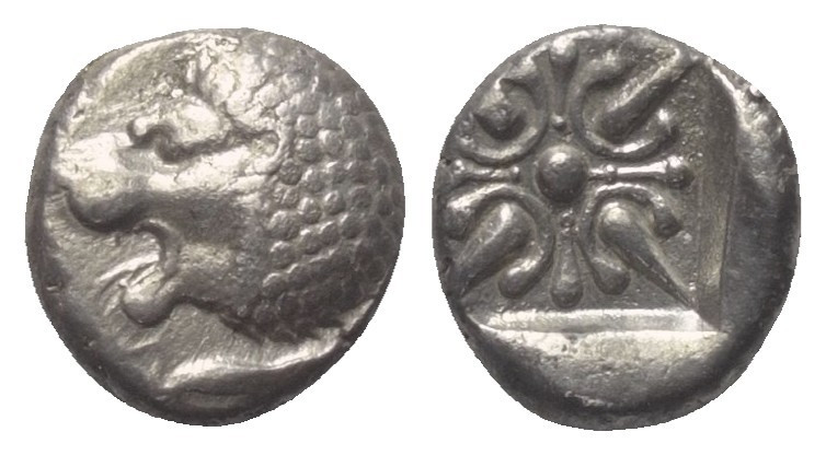 Ionien. Milet.

Diobol (Silber). Ca. 520 - 470 v. Chr.
Vs: Löwenprotome mit z...