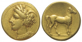 Zeugitania. Karthago.

 Stater (Gold). Ca. 320 - 310 v. Chr.
Vs: Kopf der Tanit mit Ährenkranz links.
Rs: Pferd nach rechts stehend.

19 mm. 7,1...