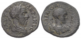 Seleukis und Pierien. Antiochia am Orontes. Macrinus mit Diadumenian als Caesar (217 - 218 n. Chr.).

 Bronze.
Vs: Büste in Rückansicht mit Lorbeer...