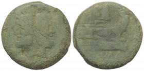 Anonyme Prägungen.

 As. 206 -195 v. Chr.
Vs: Bärtiger, belorbeerter Doppelkopf des Janus, darüber Wertzahl I.
Rs. Prora, darüber Serienzeichen Me...
