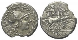 Cn. Gellius.

 Denar (Silber). 138 v. Chr. Rom.
Vs: Behelmter Kopf der Roma im Lorbeerkranz rechts, dahinter Wertzahl X.
Rs: CN GELI. Krieger (Mar...