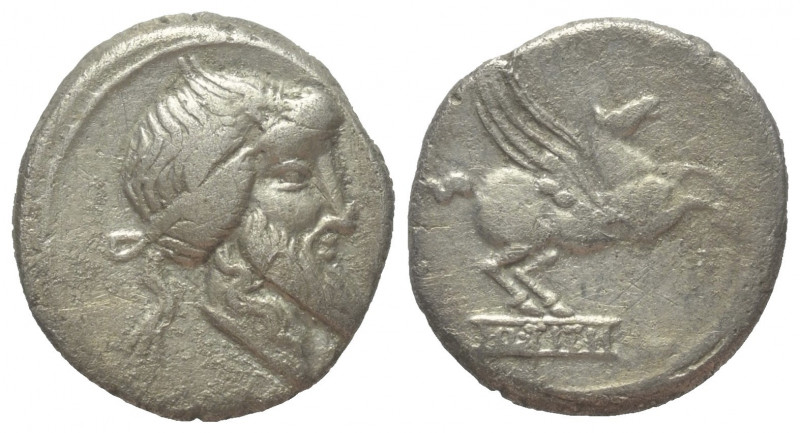 Q. Titius.

 Denar (Silber). 90 v. Chr. Rom.
Vs: Kopf des Bacchus (Liber) mit...