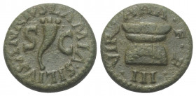 Augustus (31 v. - 14 n. Chr.).

 Quadrans. 9 v. Chr. Rom.
Vs: LAMIA SILIVS ANNIVS / S - C. Füllhorn.
Rs: III VIR A A A F F. Girlandengeschmückter ...