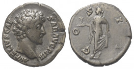 Marcus Aurelius (161 - 180 n. Chr.).

 Denar (Silber). 145 - 147 (?) n. Chr. Rom.
Vs: AVRELIVS CAESAR AVG PII F. Kopf rechts.
Rs: COS II. Spes mit...