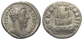 Marcus Aurelius (161 - 180 n. Chr.). Divus Marcus Aurelius.

 Denar (Silber). 180 n. Chr. Rom.
Vs: DIVVS M ANTONINVS PIVS. Kopf rechts.
Rs: CONSEC...