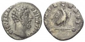 Marcus Aurelius (161 - 180 n. Chr.). Divus Marcus Aurelius.

 Denar (Silber). 180 n. Chr. Rom.
Vs: DIVVS M ANTONINVS PIVS. Kopf rechts.
Rs: CONSEC...