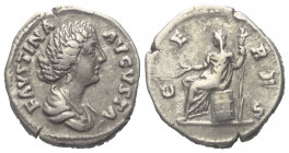 Faustina II. (gest. 176 n. Chr.).

 Denar (Silber). 161 - 164 n. Chr. Rom.
Vs: FAVSTINA AVGVSTA. Drapierte Büste mit Diadem rechts.
Rs: CERES. Cer...