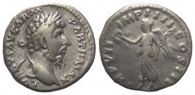 Lucius Verus (161 - 169 n. Chr.).

 Denar (Silber). 166 - 167 n. Chr. Rom.
Vs: L VERVS AVG ARM PARTH MAX. Kopf mit Lorbeerkranz rechts.
Rs: TR P V...
