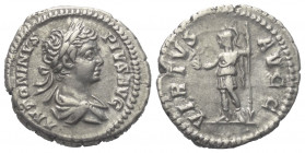 Caracalla (197 - 217 n. Chr.).

 Denar (Silber). 201 - 206 n. Chr. Rom.
Vs: ANTONINVS PIVS AVG. Büste mit Lorbeerkranz und Paludament rechts.
Rs: ...