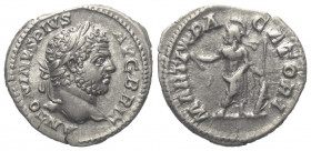 Caracalla (197 - 217 n. Chr.).

 Denar (Silber). 211 n. Chr. Rom.
Vs: ANTONINVS PIVS AVG BRIT. Kopf mit Lorbeerkranz rechts.
Rs: MARTI PACATORI. M...