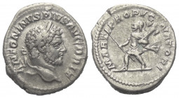 Caracalla (197 - 217 n. Chr.).

 Denar (Silber). 213 n. Chr. Rom.
Vs: ANTONINVS PIVS AVG BRIT. Kopf mit Lorbeerkranz rechts.
Rs: MARTI PROPVGNATOR...