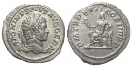 Caracalla (197 - 217 n. Chr.).

 Denar (Silber). 214 n. Chr. Rom.
Vs: ANTONINVS PIVS AVG GERM. Kopf mit Lorbeerkranz rechts.
Rs: P M TR P XVII COS...