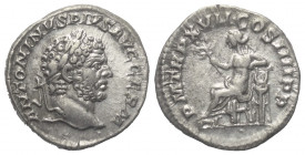 Caracalla (197 - 217 n. Chr.).

 Denar (Silber). 214 n. Chr. Rom.
Vs: ANTONINVS PIVS AVG GERM. Kopf mit Lorbeerkranz rechts.
Rs: P M TR P XVII COS...