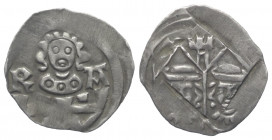 Bayern - Oberpfalz. Rupert I. und Rupert II. (1353 - 1390).

 Pfennig (Silber). ab 1366.
Vs: Brustbild frontal über Zinnenmauer zwischen R - A.
Rs...