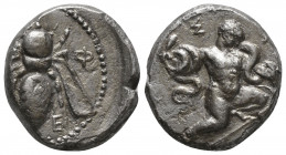 IONIA, Ephesos. Symmachy coinage. Circa 405/4 BC. AR Tridrachm . The Herakliskos Drakonopnigon: the Infant Herakles crouching right, strangling a serp...